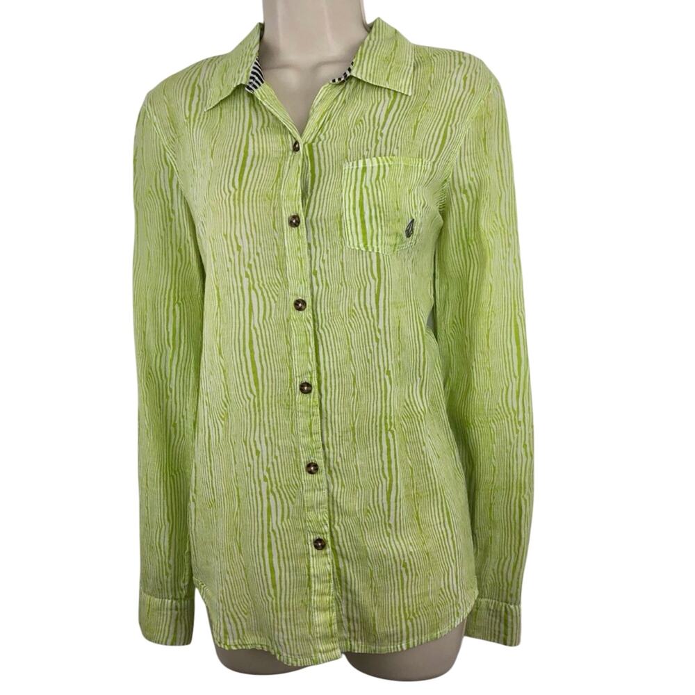 Vintage Y2k Volcom Lime Green Cream Long Sleeve Shirt Top Stitch Accents